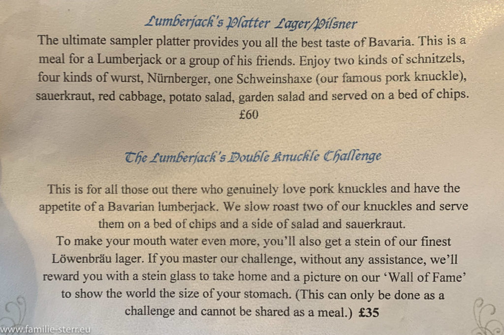 Speisekarte im Bar im Octoberfest Pub Fulham mit Lumberjack's Platter und der Luibmerjack's Double Nuckle Challenge