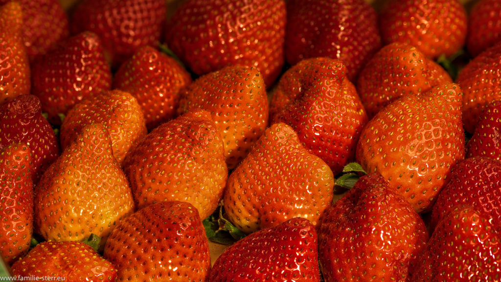 eine ganze Menge Erdbeeren nebeneinander in der Kiste liegend