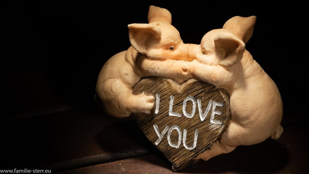 zwei sich küssende Schweine aus Marmor vor einem Herz mit der Aufschrift "I love you"