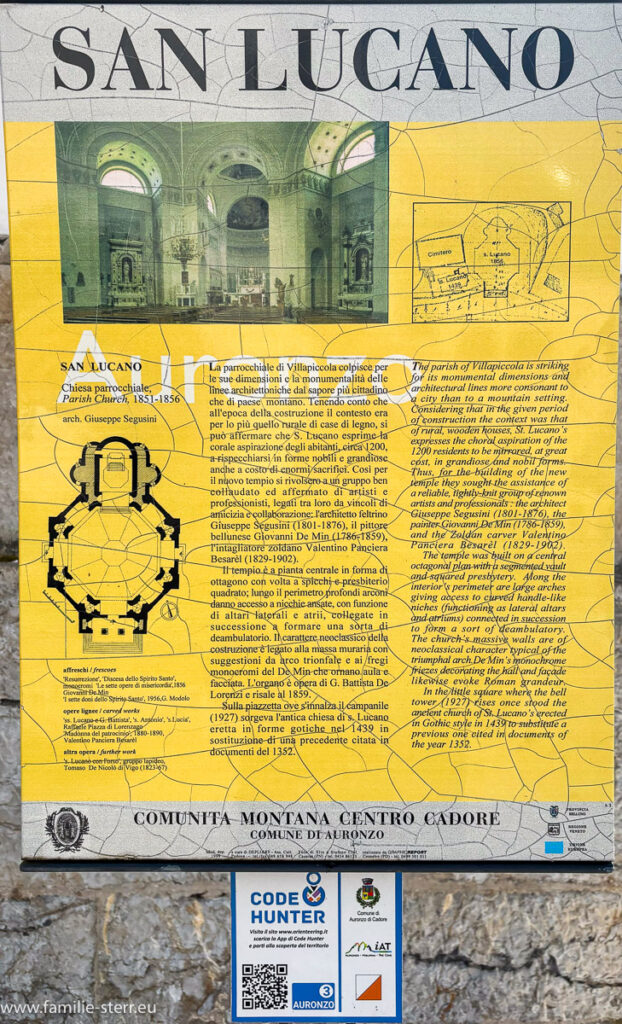 Informationsschild an der Kirche San Lucano in Auronzo die Cadore