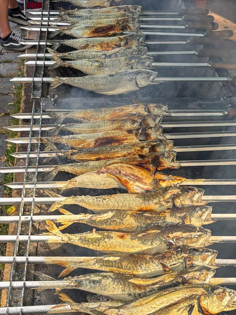 frische Markelen als Steckerlfische über dem Holzofengrill